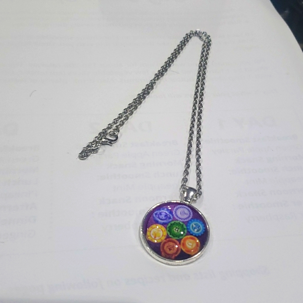 OM Symbol Cabochon Tibetan silver Glass Chain Pendant Necklace
